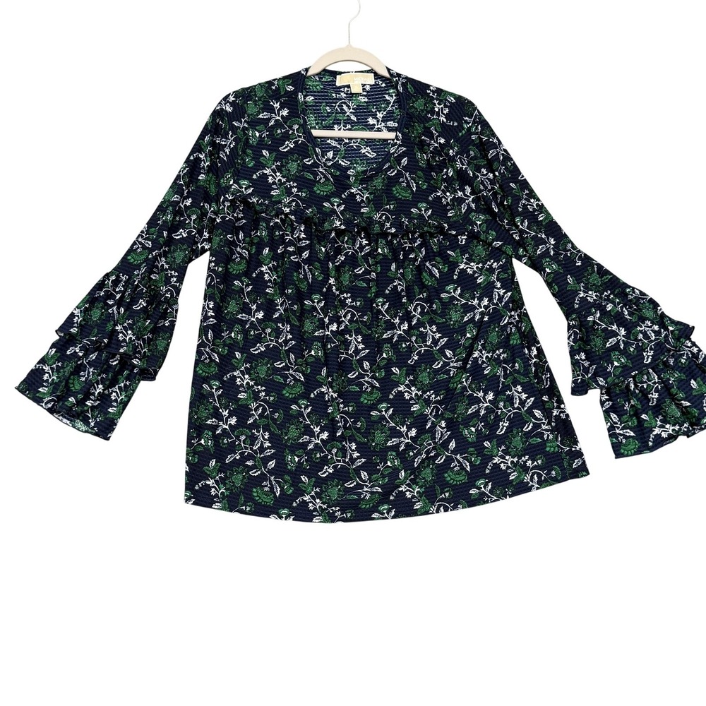 MICHAEL Michael Kors Blouse Womens XL Blue Green Floral Bell‎ Sleeve Tunic Top
